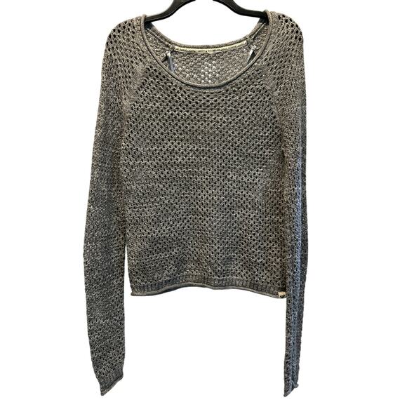 Roxy Fishnet Crochet Sweater Womens Medium Heathered Gray Grunge Coastal Beach - Picture 1 of 15